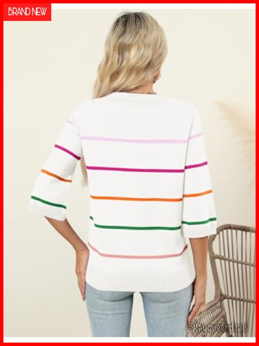 Womens Lightweight Knit Striped 3/4 Sleeve Crew Neck Pullover Sweater - Picture 5 of 6